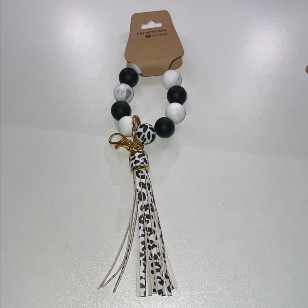Hand Crafted Black and White Silicone Beaded Bracelet with Tassel